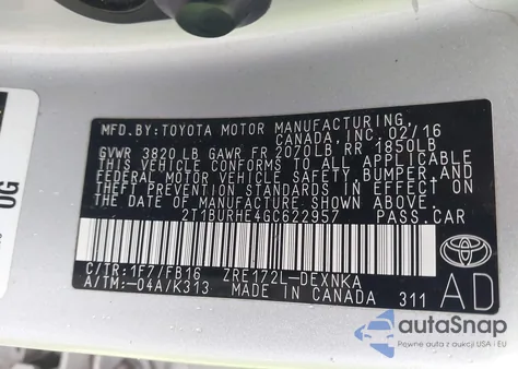 2016 Toyota Corolla Le from USA, damaged, VIN 2T1BURHE4GC622957